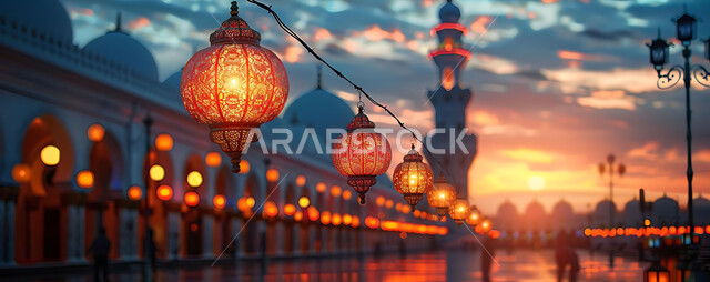 أنوار وزينة الأعياد والمناسبات الدينية, اكسسوارات وتحف شهر رمضان المبارك, تصاميم هندسية مزخرفة للفوانيس المعدنية المتوهجة للاحتفال بالأجواء الرمضانية الروحانية, خلفية المساجد الاسلامية أثناء غروب الشمس