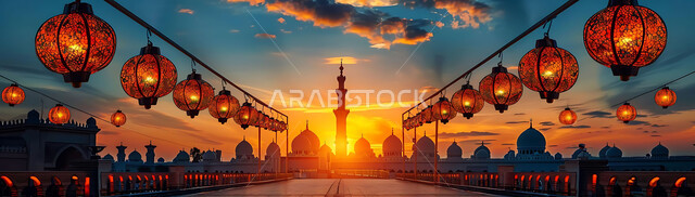 أنوار وزينة الأعياد والمناسبات الدينية, اكسسوارات وتحف شهر رمضان المبارك, تصاميم هندسية مزخرفة للفوانيس المعدنية المتوهجة للاحتفال بالأجواء الرمضانية الروحانية, صورة ظلية للمساجد الاسلامية أثناء غروب الشمس, سالويت