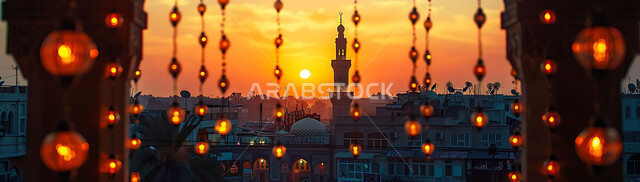 أنوار وزينة الأعياد والمناسبات الدينية, اكسسوارات وتحف شهر رمضان المبارك, تصاميم هندسية مزخرفة للفوانيس المعدنية المتوهجة للاحتفال بالأجواء الرمضانية الروحانية, خلفية المساجد الاسلامية أثناء غروب الشمس