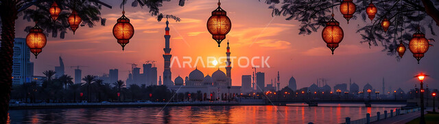 أنوار وزينة الأعياد والمناسبات الدينية, اكسسوارات وتحف شهر رمضان المبارك, تصاميم هندسية مزخرفة للفوانيس المعدنية المتوهجة للاحتفال بالأجواء الرمضانية الروحانية, خلفية المساجد الاسلامية أثناء غروب الشمس