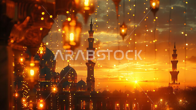 أنوار وزينة الأعياد والمناسبات الدينية, اكسسوارات وتحف شهر رمضان المبارك, تصاميم هندسية مزخرفة للفوانيس المعدنية المتوهجة للاحتفال بالأجواء الرمضانية الروحانية, صورة ظلية للمساجد الاسلامية أثناء غروب الشمس, سالويت