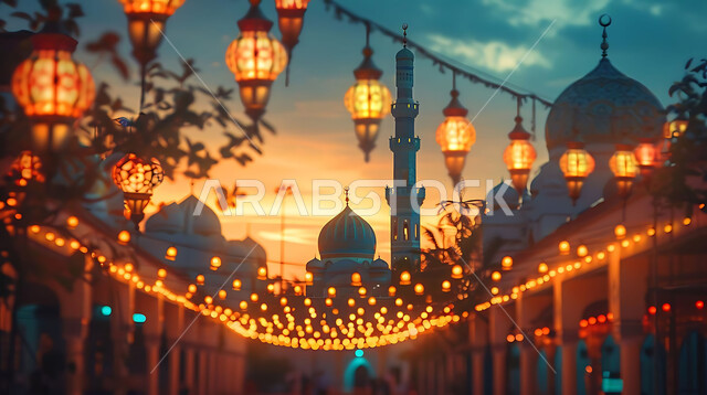 أنوار وزينة الأعياد والمناسبات الدينية, اكسسوارات وتحف شهر رمضان المبارك, تصاميم هندسية مزخرفة للفوانيس المعدنية المتوهجة للاحتفال بالأجواء الرمضانية الروحانية, خلفية المساجد الاسلامية أثناء غروب الشمس