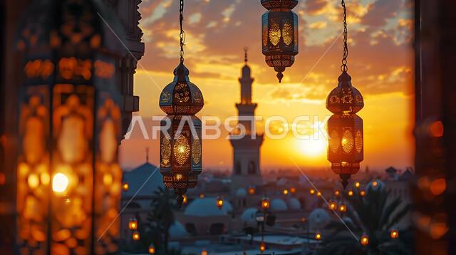 أنوار وزينة الأعياد والمناسبات الدينية, اكسسوارات وتحف شهر رمضان المبارك, تصاميم هندسية مزخرفة للفوانيس المعدنية المتوهجة للاحتفال بالأجواء الرمضانية الروحانية, خلفية المساجد الاسلامية أثناء غروب الشمس