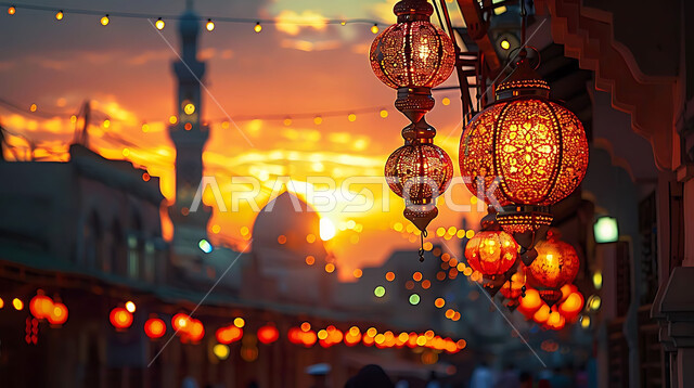 أنوار وزينة الأعياد والمناسبات الدينية, اكسسوارات وتحف شهر رمضان المبارك, تصاميم هندسية مزخرفة للفوانيس المعدنية المتوهجة للاحتفال بالأجواء الرمضانية الروحانية, صورة ظلية للمساجد الاسلامية أثناء غروب الشمس, سالويت