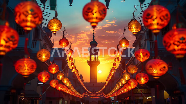 أنوار وزينة الأعياد والمناسبات الدينية, اكسسوارات وتحف شهر رمضان المبارك, تصاميم هندسية مزخرفة للفوانيس المعدنية المتوهجة للاحتفال بالأجواء الرمضانية الروحانية, صورة ظلية للمساجد الاسلامية أثناء غروب الشمس, سالويت