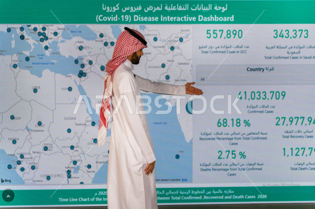 مذيع و اعلامي سعودي خليجي يمتلك المهارة بتقديم النشرات الاخبارية  الخاصة بمنظمة الصحة العالمية  ، استخدام تقنية الجرافيكس في تقديم اخبار احصائيات لمرض فيروس كورونا ، أخبار عالمية  صحية عاجلة ،الاخبار و الاعلام ، قراء النشرات الاخبارية لاحصائيات انتشار فير