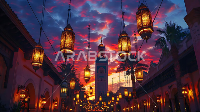 Lights and decorations for holidays and religious occasions, accessories and antiques for the holy month of Ramadan, ornate geometric designs for glowing metal lanterns to celebrate the spiritual atmosphere of Ramadan, silhouettes of Islamic mosques during sunset, silhouettes