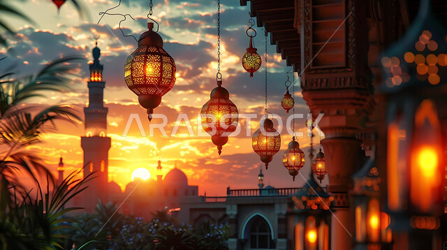 أنوار وزينة الأعياد والمناسبات الدينية, اكسسوارات وتحف شهر رمضان المبارك, تصاميم هندسية مزخرفة للفوانيس المعدنية المتوهجة للاحتفال بالأجواء الرمضانية الروحانية, صورة ظلية للمساجد الاسلامية أثناء غروب الشمس, سالويت