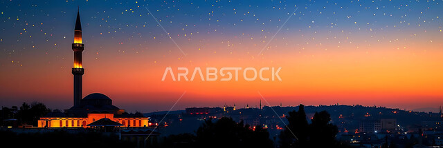 نداء المسلمين لأداء الفرائض والصلوات, العبادة والتقرب إلى الله تعالى, صورة ظلية للمساجد الاسلامية أثناء غروب الشمس, أجواء روحانية هادئة, الديكورات والتصميم الهندسي على الطراز العربي الاسلامي القديم, سالويت