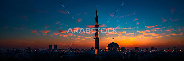 نداء المسلمين لأداء الفرائض والصلوات, العبادة والتقرب إلى الله تعالى, صورة ظلية للمساجد الاسلامية أثناء غروب الشمس, أجواء روحانية هادئة, الديكورات والتصميم الهندسي على الطراز العربي الاسلامي القديم, سالويت