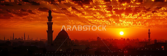 نداء المسلمين لأداء الفرائض والصلوات, العبادة والتقرب إلى الله تعالى, صورة ظلية للمساجد الاسلامية أثناء غروب الشمس, أجواء روحانية هادئة, الديكورات والتصميم الهندسي على الطراز العربي الاسلامي القديم, سالويت