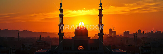 نداء المسلمين لأداء الفرائض والصلوات, العبادة والتقرب إلى الله تعالى, صورة ظلية للمساجد الاسلامية أثناء غروب الشمس, أجواء روحانية هادئة, الديكورات والتصميم الهندسي على الطراز العربي الاسلامي القديم, سالويت