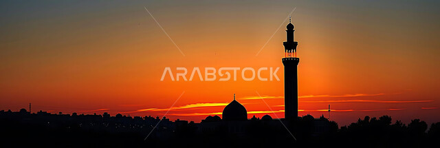 نداء المسلمين لأداء الفرائض والصلوات, العبادة والتقرب إلى الله تعالى, صورة ظلية للمساجد الاسلامية أثناء غروب الشمس, أجواء روحانية هادئة, الديكورات والتصميم الهندسي على الطراز العربي الاسلامي القديم, سالويت