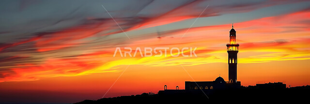 نداء المسلمين لأداء الفرائض والصلوات, العبادة والتقرب إلى الله تعالى, صورة ظلية للمساجد الاسلامية أثناء غروب الشمس, أجواء روحانية هادئة, الديكورات والتصميم الهندسي على الطراز العربي الاسلامي القديم, سالويت