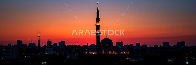 نداء المسلمين لأداء الفرائض والصلوات, العبادة والتقرب إلى الله تعالى, صورة ظلية للمساجد الاسلامية أثناء غروب الشمس, أجواء روحانية هادئة, الديكورات والتصميم الهندسي على الطراز العربي الاسلامي القديم, سالويت