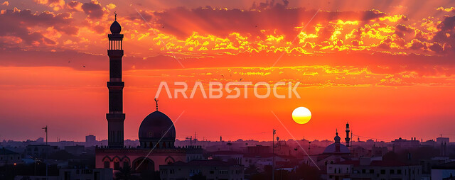 نداء المسلمين لأداء الفرائض والصلوات, العبادة والتقرب إلى الله تعالى, صورة ظلية للمساجد الاسلامية أثناء غروب الشمس, أجواء روحانية هادئة, الديكورات والتصميم الهندسي على الطراز العربي الاسلامي القديم, سالويت