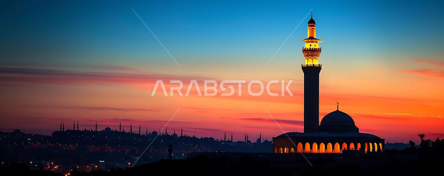 نداء المسلمين لأداء الفرائض والصلوات, العبادة والتقرب إلى الله تعالى, صورة ظلية للمساجد الاسلامية أثناء غروب الشمس, أجواء روحانية هادئة, الديكورات والتصميم الهندسي على الطراز العربي الاسلامي القديم, سالويت