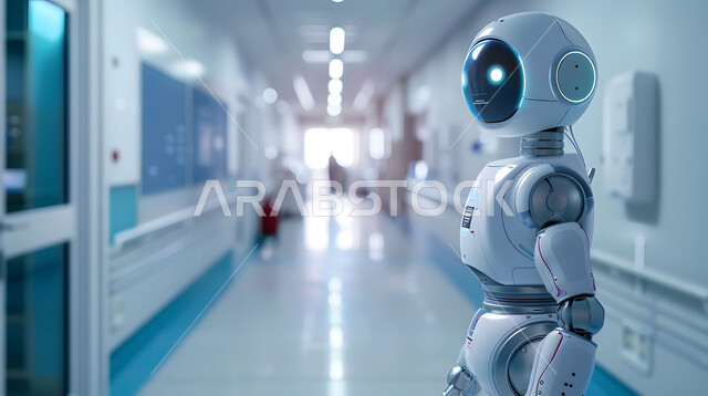 تطوير تقنيات الذكاء الاصطناعي والتعاون بينها وبين البشر ، مفهوم التحول الرقمي، صورة مقربة لرجل آلي حديث ومتطور، استخدام الروبوتات الذكية في المشافي، تحسين الرعاية الطبية باستخدام التقنيات الحديثة، رؤية مستقبلية تكنولوجية سعودية 2030