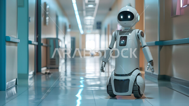 Developing artificial intelligence technologies and cooperation between them and humans, the concept of digital transformation, a close-up image of a modern and advanced robot, the use of smart robots in hospitals, improving medical care using modern technologies, a Saudi technological future vision 2030