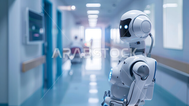 تطوير تقنيات الذكاء الاصطناعي والتعاون بينها وبين البشر ، مفهوم التحول الرقمي، صورة مقربة لرجل آلي حديث ومتطور، استخدام الروبوتات الذكية في المشافي، تحسين الرعاية الطبية باستخدام التقنيات الحديثة، رؤية مستقبلية تكنولوجية سعودية 2030