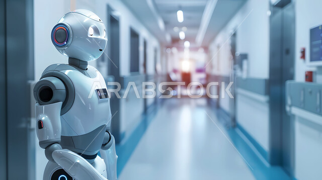 تطوير تقنيات الذكاء الاصطناعي والتعاون بينها وبين البشر ، مفهوم التحول الرقمي، صورة مقربة لرجل آلي حديث ومتطور، استخدام الروبوتات الذكية في المشافي، تحسين الرعاية الطبية باستخدام التقنيات الحديثة، رؤية مستقبلية تكنولوجية سعودية 2030