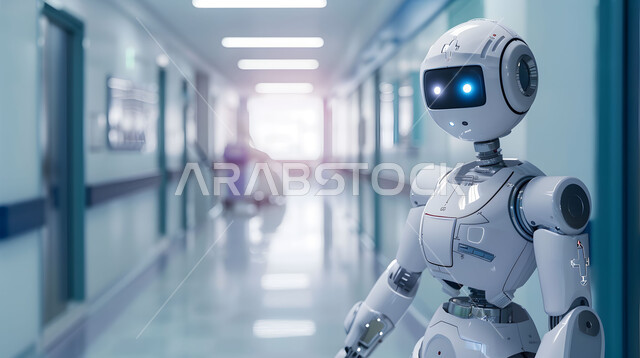  تحسين الرعاية الطبية باستخدام التقنيات الحديثة، تطوير تقنيات الذكاء الاصطناعي والتعاون بينها وبين البشر ، مفهوم التحول الرقمي، صورة مقربة لرجل آلي حديث ومتطور، استخدام الروبوتات الذكية في المشافي، رؤية مستقبلية تكنولوجية سعودية 2030