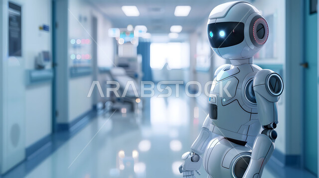 Improving medical care using modern technologies, developing artificial intelligence techniques and cooperation between them and humans, the concept of digital transformation, a close-up image of a modern and advanced robot, the use of smart robots in hospitals, a Saudi technological future vision 2030