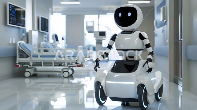 Improving medical care using modern technologies, developing artificial intelligence techniques and cooperation between them and humans, the concept of digital transformation, a close-up image of a modern and advanced robot, the use of smart robots in hospitals, a Saudi technological future vision 2030