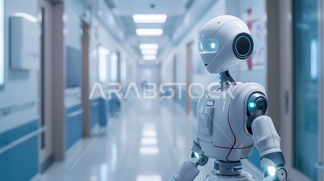 Improving medical care using modern technologies, developing artificial intelligence techniques and cooperation between them and humans, the concept of digital transformation, a close-up image of a modern and advanced robot, the use of smart robots in hospitals, a Saudi technological future vision 2030