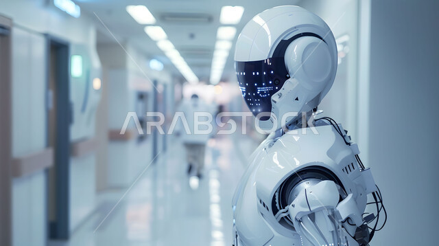   استخدام الروبوتات الذكية في المشافي، تحسين الرعاية الطبية باستخدام التقنيات الحديثة، تطوير تقنيات الذكاء الاصطناعي والتعاون بينها وبين البشر ، مفهوم التحول الرقمي، صورة مقربة لرجل آلي حديث ومتطور، رؤية مستقبلية تكنولوجية سعودية 2030