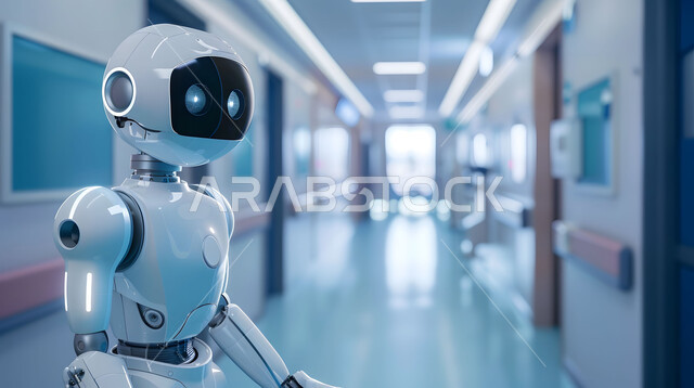   استخدام الروبوتات الذكية في المشافي، تحسين الرعاية الطبية باستخدام التقنيات الحديثة، تطوير تقنيات الذكاء الاصطناعي والتعاون بينها وبين البشر ، مفهوم التحول الرقمي، صورة مقربة لرجل آلي حديث ومتطور، رؤية مستقبلية تكنولوجية سعودية 2030