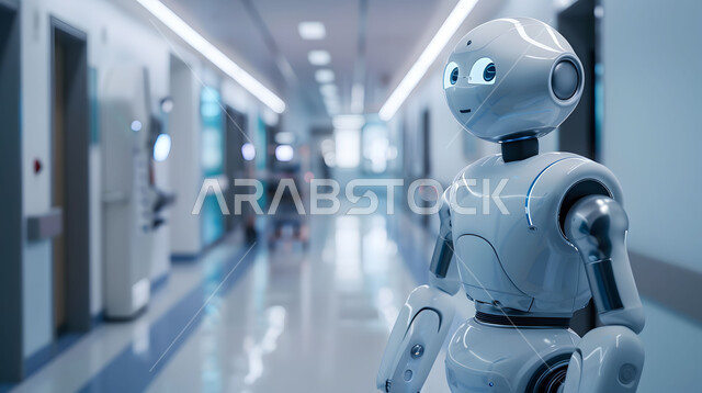 The use of smart robots in hospitals, improving medical care using modern technologies, developing artificial intelligence techniques and cooperation between them and humans, the concept of digital transformation, a close-up image of a modern and advanced robot, a Saudi technological future vision 2030