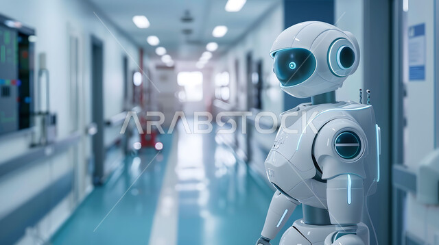   استخدام الروبوتات الذكية في المشافي، تحسين الرعاية الطبية باستخدام التقنيات الحديثة، تطوير تقنيات الذكاء الاصطناعي والتعاون بينها وبين البشر ، مفهوم التحول الرقمي، صورة مقربة لرجل آلي حديث ومتطور، رؤية مستقبلية تكنولوجية سعودية 2030