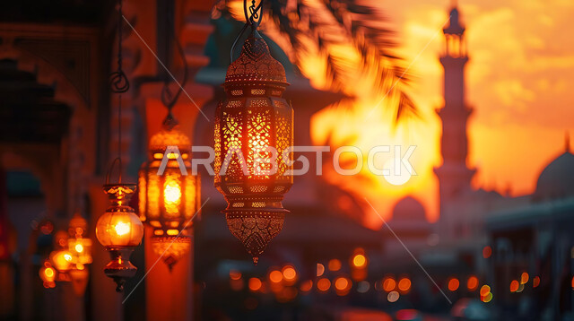  اكسسوارات وتحف شهر رمضان المبارك, أنوار وزينة الأعياد والمناسبات الدينية, تصاميم هندسية مزخرفة للفوانيس المعدنية المتوهجة للاحتفال بالأجواء الرمضانية الروحانية, صورة ظلية للمساجد الاسلامية أثناء غروب الشمس, سالويت