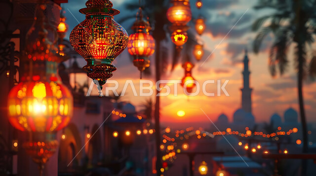  اكسسوارات وتحف شهر رمضان المبارك, أنوار وزينة الأعياد والمناسبات الدينية, تصاميم هندسية مزخرفة للفوانيس المعدنية المتوهجة للاحتفال بالأجواء الرمضانية الروحانية, صورة ظلية للمساجد الاسلامية أثناء غروب الشمس, سالويت