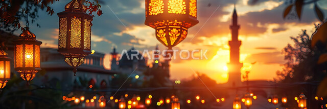  اكسسوارات وتحف شهر رمضان المبارك, أنوار وزينة الأعياد والمناسبات الدينية, تصاميم هندسية مزخرفة للفوانيس المعدنية المتوهجة للاحتفال بالأجواء الرمضانية الروحانية, صورة ظلية للمساجد الاسلامية أثناء غروب الشمس, سالويت