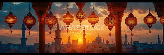 Accessories and antiques for the holy month of Ramadan, lights and decorations for holidays and religious occasions, ornate geometric designs for glowing metal lanterns to celebrate the spiritual atmosphere of Ramadan, silhouettes of Islamic mosques during sunset, silhouettes