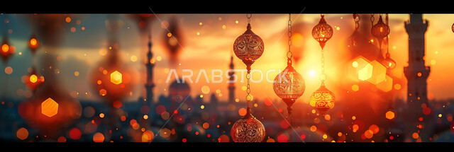  اكسسوارات وتحف شهر رمضان المبارك, أنوار وزينة الأعياد والمناسبات الدينية, تصاميم هندسية مزخرفة للفوانيس المعدنية المتوهجة للاحتفال بالأجواء الرمضانية الروحانية, صورة ظلية للمساجد الاسلامية أثناء غروب الشمس, سالويت