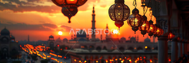  اكسسوارات وتحف شهر رمضان المبارك, أنوار وزينة الأعياد والمناسبات الدينية, تصاميم هندسية مزخرفة للفوانيس المعدنية المتوهجة للاحتفال بالأجواء الرمضانية الروحانية, صورة ظلية للمساجد الاسلامية أثناء غروب الشمس, سالويت