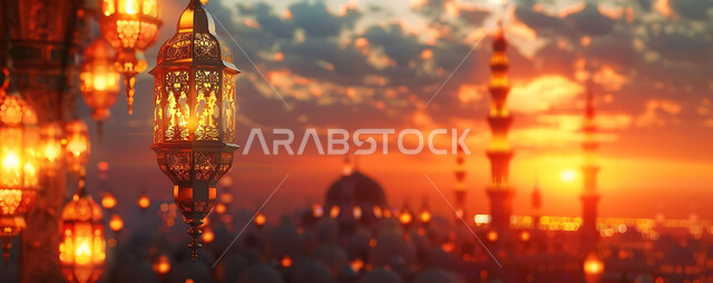  اكسسوارات وتحف شهر رمضان المبارك, أنوار وزينة الأعياد والمناسبات الدينية, تصاميم هندسية مزخرفة للفوانيس المعدنية المتوهجة للاحتفال بالأجواء الرمضانية الروحانية, صورة ظلية للمساجد الاسلامية أثناء غروب الشمس, سالويت