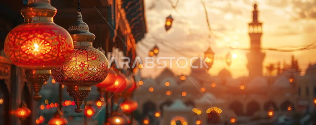  اكسسوارات وتحف شهر رمضان المبارك, أنوار وزينة الأعياد والمناسبات الدينية, تصاميم هندسية مزخرفة للفوانيس المعدنية المتوهجة للاحتفال بالأجواء الرمضانية الروحانية, صورة ظلية للمساجد الاسلامية أثناء غروب الشمس, سالويت