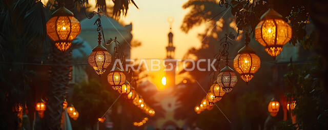  اكسسوارات وتحف شهر رمضان المبارك, أنوار وزينة الأعياد والمناسبات الدينية, تصاميم هندسية مزخرفة للفوانيس المعدنية المتوهجة للاحتفال بالأجواء الرمضانية الروحانية, صورة ظلية للمساجد الاسلامية أثناء غروب الشمس, سالويت