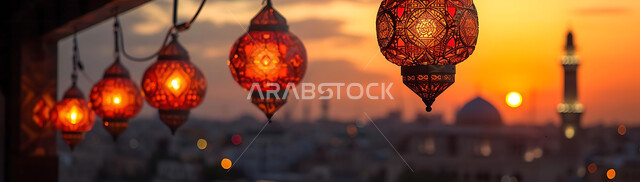  اكسسوارات وتحف شهر رمضان المبارك, أنوار وزينة الأعياد والمناسبات الدينية, تصاميم هندسية مزخرفة للفوانيس المعدنية المتوهجة للاحتفال بالأجواء الرمضانية الروحانية, صورة ظلية للمساجد الاسلامية أثناء غروب الشمس, سالويت