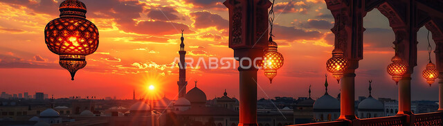  اكسسوارات وتحف شهر رمضان المبارك, أنوار وزينة الأعياد والمناسبات الدينية, تصاميم هندسية مزخرفة للفوانيس المعدنية المتوهجة للاحتفال بالأجواء الرمضانية الروحانية, صورة ظلية للمساجد الاسلامية أثناء غروب الشمس, سالويت