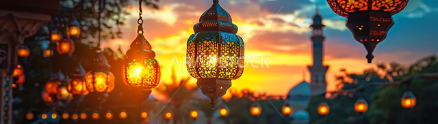  اكسسوارات وتحف شهر رمضان المبارك, أنوار وزينة الأعياد والمناسبات الدينية, تصاميم هندسية مزخرفة للفوانيس المعدنية المتوهجة للاحتفال بالأجواء الرمضانية الروحانية, صورة ظلية للمساجد الاسلامية أثناء غروب الشمس, سالويت
