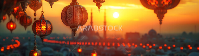  اكسسوارات وتحف شهر رمضان المبارك, أنوار وزينة الأعياد والمناسبات الدينية, تصاميم هندسية مزخرفة للفوانيس المعدنية المتوهجة للاحتفال بالأجواء الرمضانية الروحانية, صورة ظلية للمساجد الاسلامية أثناء غروب الشمس, سالويت