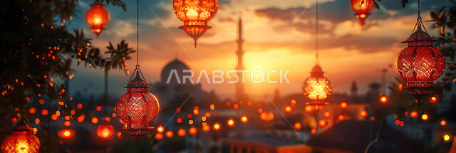  اكسسوارات وتحف شهر رمضان المبارك, أنوار وزينة الأعياد والمناسبات الدينية, تصاميم هندسية مزخرفة للفوانيس المعدنية المتوهجة للاحتفال بالأجواء الرمضانية الروحانية, صورة ظلية للمساجد الاسلامية أثناء غروب الشمس, سالويت