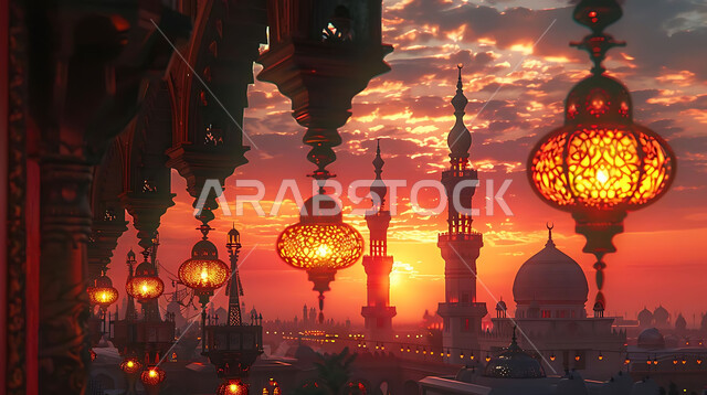  اكسسوارات وتحف شهر رمضان المبارك, أنوار وزينة الأعياد والمناسبات الدينية, تصاميم هندسية مزخرفة للفوانيس المعدنية المتوهجة للاحتفال بالأجواء الرمضانية الروحانية, صورة ظلية للمساجد الاسلامية أثناء غروب الشمس, سالويت