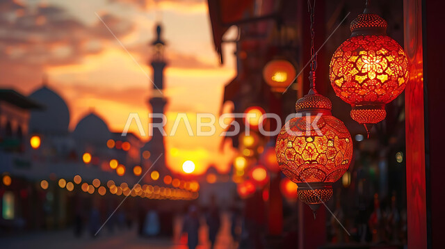  اكسسوارات وتحف شهر رمضان المبارك, أنوار وزينة الأعياد والمناسبات الدينية, تصاميم هندسية مزخرفة للفوانيس المعدنية المتوهجة للاحتفال بالأجواء الرمضانية الروحانية, صورة ظلية للمساجد الاسلامية أثناء غروب الشمس, سالويت