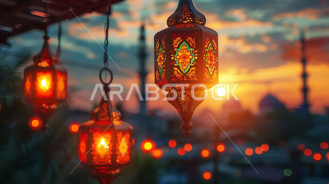  اكسسوارات وتحف شهر رمضان المبارك, أنوار وزينة الأعياد والمناسبات الدينية, تصاميم هندسية مزخرفة للفوانيس المعدنية المتوهجة للاحتفال بالأجواء الرمضانية الروحانية, صورة ظلية للمساجد الاسلامية أثناء غروب الشمس, سالويت
